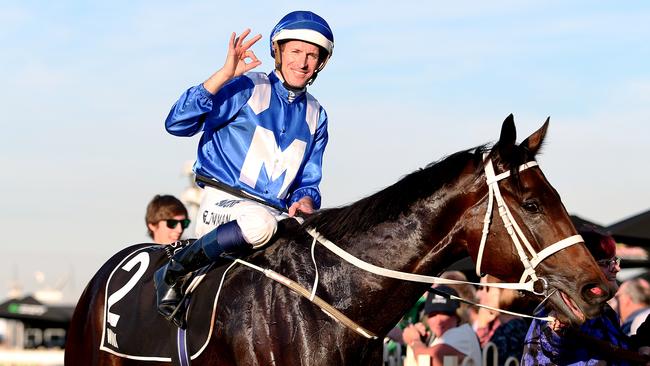 Hugh Bowman was all smiles after Winx won her first Group 1 race in the 2015 Queensland Oaks.