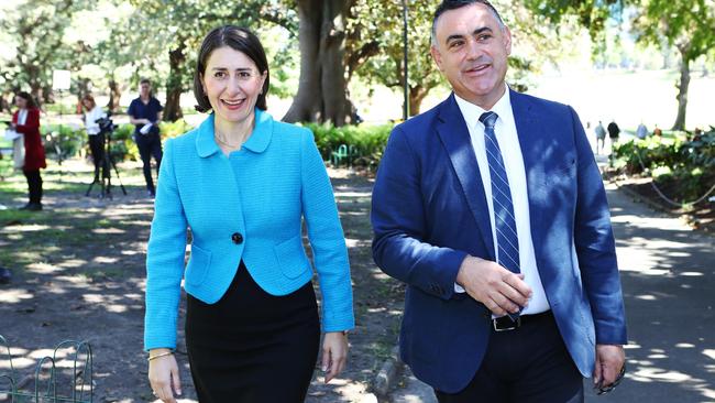 Gladys Berejiklian and her John Barilaro watched the Blues won on Wednesday. Picture: Hollie Adams