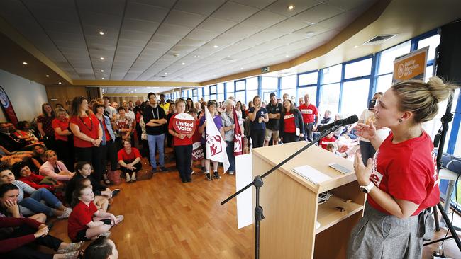 School social worker Robyn Sutcliffe speaks at the school stop work meeting in Devonport. Picture: CHRIS KIDD