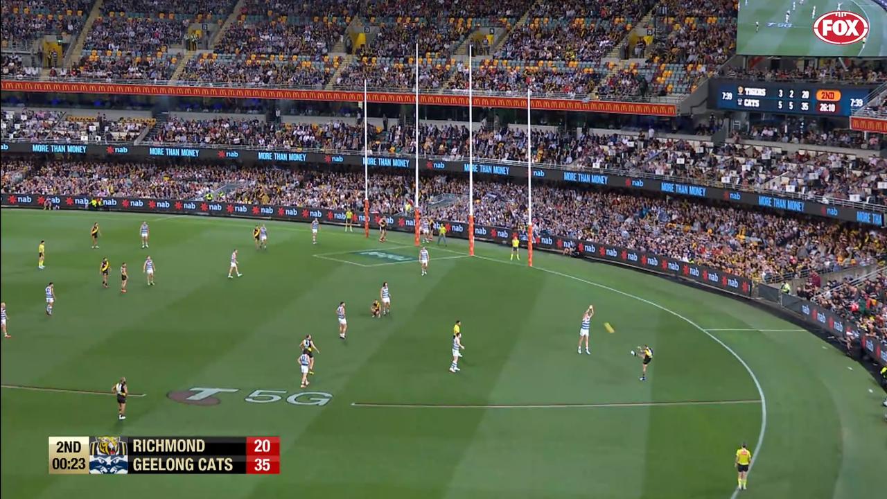 Dustin Martin attempts a banana but hits the belly of the ball.