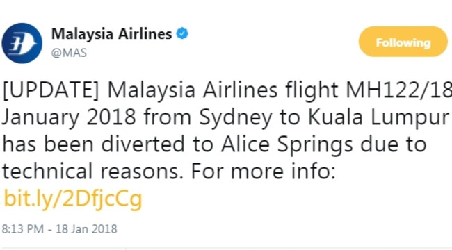 Malaysia Airlines tweets about needing to divert a Sydney to Kuala Lumpur flight to Alice Springs