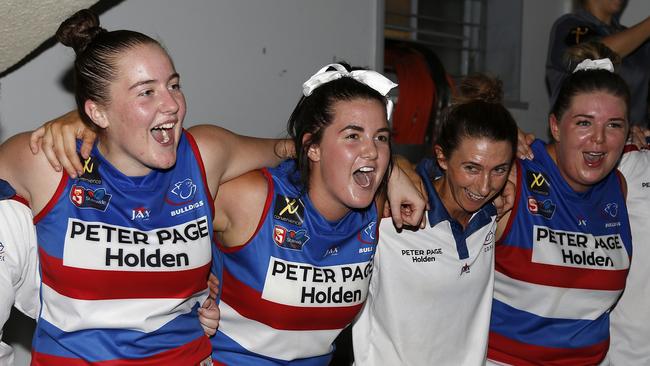 Central District’s Katelyn Rosenzweig, Courtney Jensen and Jayme-Lee Sonnema enjoyed beating Sturt on Friday. Picture: Deb Curtis.