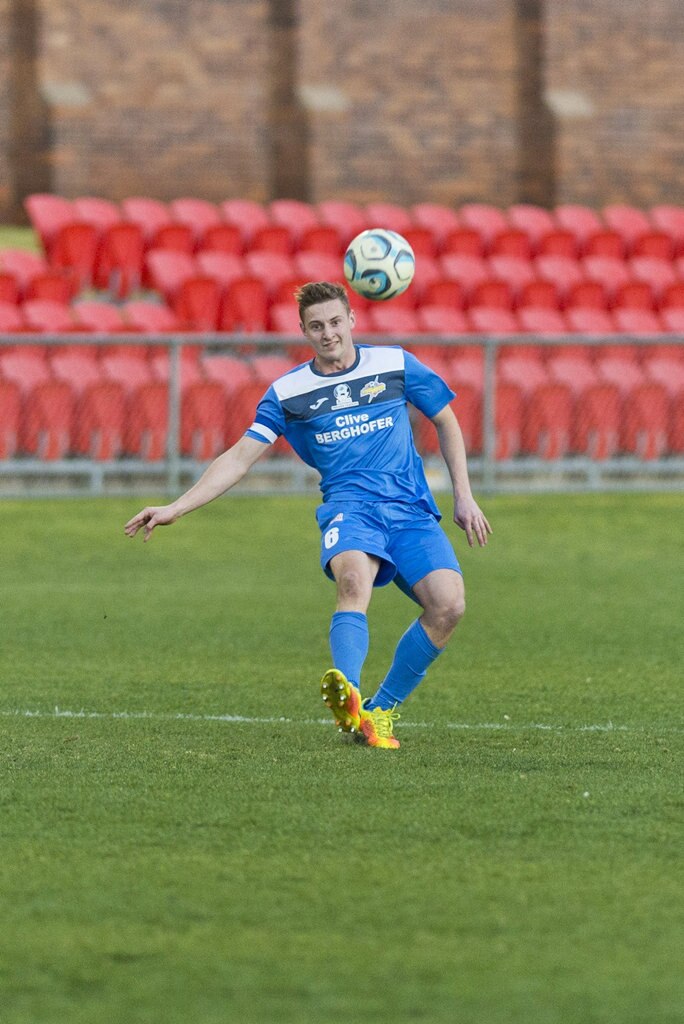 South West Queensland Thunder captain Jacob Bigby against Cairns FC in NPL Queensland men round 26 football at Clive Berghofer Stadium, Saturday, August 25, 2018. Picture: Kevin Farmer