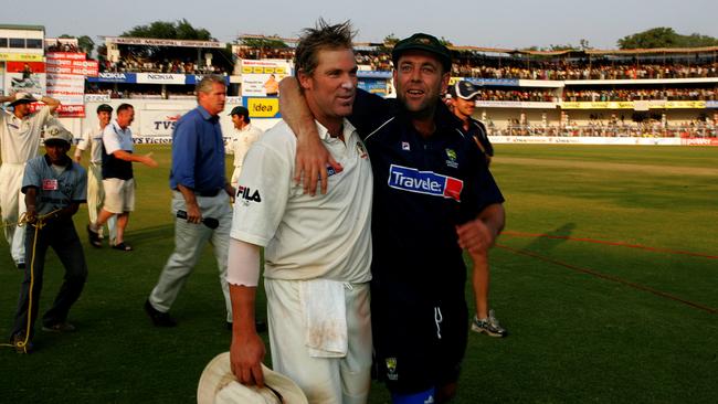 Indian cricket tour-Shane Warne and Darren Lehmann leave the ground.