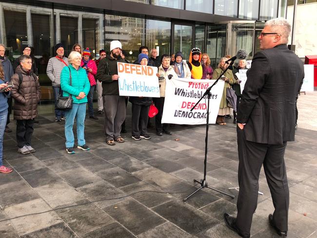 David McBride addressing supporters outside ACT Supreme Court on June 27.