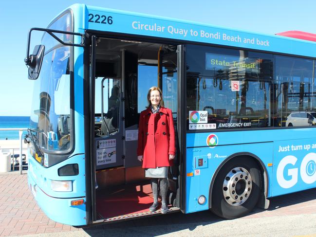 Vaucluse MP Gabrielle Upton on board one of the 333 Turn Up and Go buses travelling between Bondi and Circular Quay