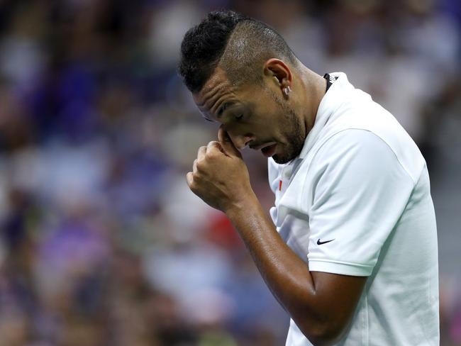 NEW YORK, NEW YORK - AUGUST 31: Nick Kyrgios of Australia reacts during his Men's Singles third round match against Andrey Rublev of Russia on day six of the 2019 US Open at the USTA Billie Jean King National Tennis Center on August 31, 2019 in Queens borough of New York City. (Photo by Matthew Stockman/Getty Images)