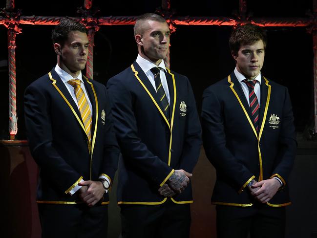 The 2017 AFL All-Australian centre line (from left) Josh Kelly, Dustin Martin and Zach Merrett. Picture: Michael Klein