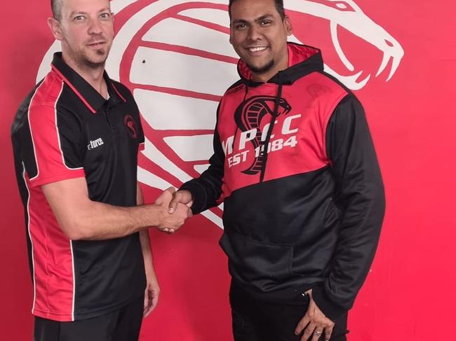 Merinda Park captain-coach Matt Campbell with recruit Bevin Corneille. Picture: Facebook