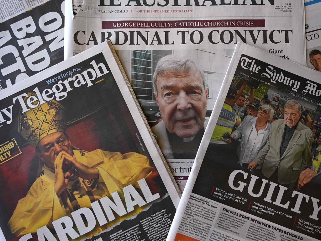 This photo illustration shows the front pages of Australia's major newspapers reporting the conviction of Cardinal George Pell. Picture: AFP