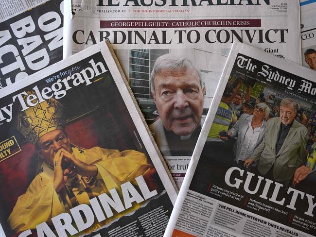 This photo illustration shows the front pages of Australia's major newspapers reporting the conviction of Cardinal George Pell. Picture: AFP