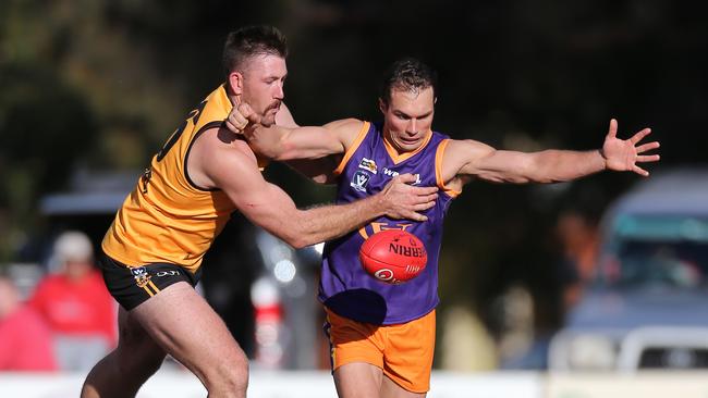 Isaac Muller, left, playing for the Ovens and Murray against Goulburn Valley this year. Picture Yuri Kouzmin