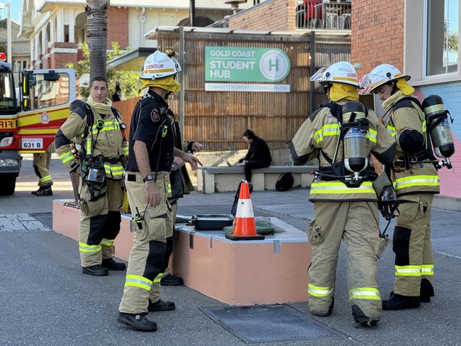 Queensland Fire and Emergency Services were called to the Telstra building on Southport Nerang Rd in Southport just after 1pm on Tuesday. Photo: Amaani Siddeek