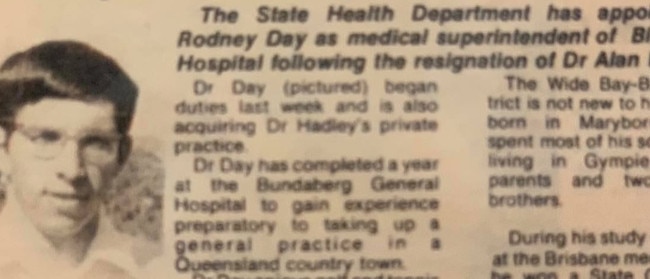 A newspaper article about Dr Rod Day when he was made medical superintendent of the Biggenden Hospital.