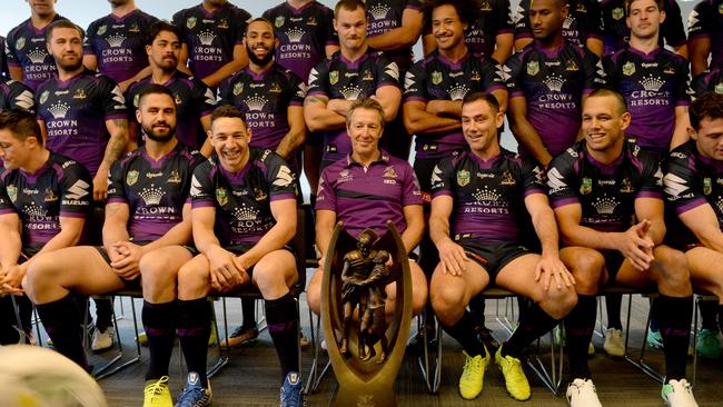 Melbourne Storm players pose for a team photograph in Melbourne, Monday, September 25, 2017. (AAP Image/Mal Fairclough) NO ARCHIVING