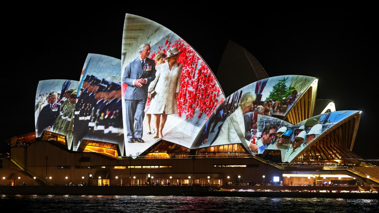 The sails of the Sydney Opera House were lit up to welcome the King and Queen on Friday night. Picture: Chris Jackson/Getty Images