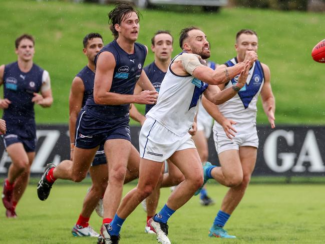 Old Melburnians v University Blues at Elsternwick Park Oval, Brighton, Melbourne, April 15th 2023.  University Blues no 5 Picture : George Sal