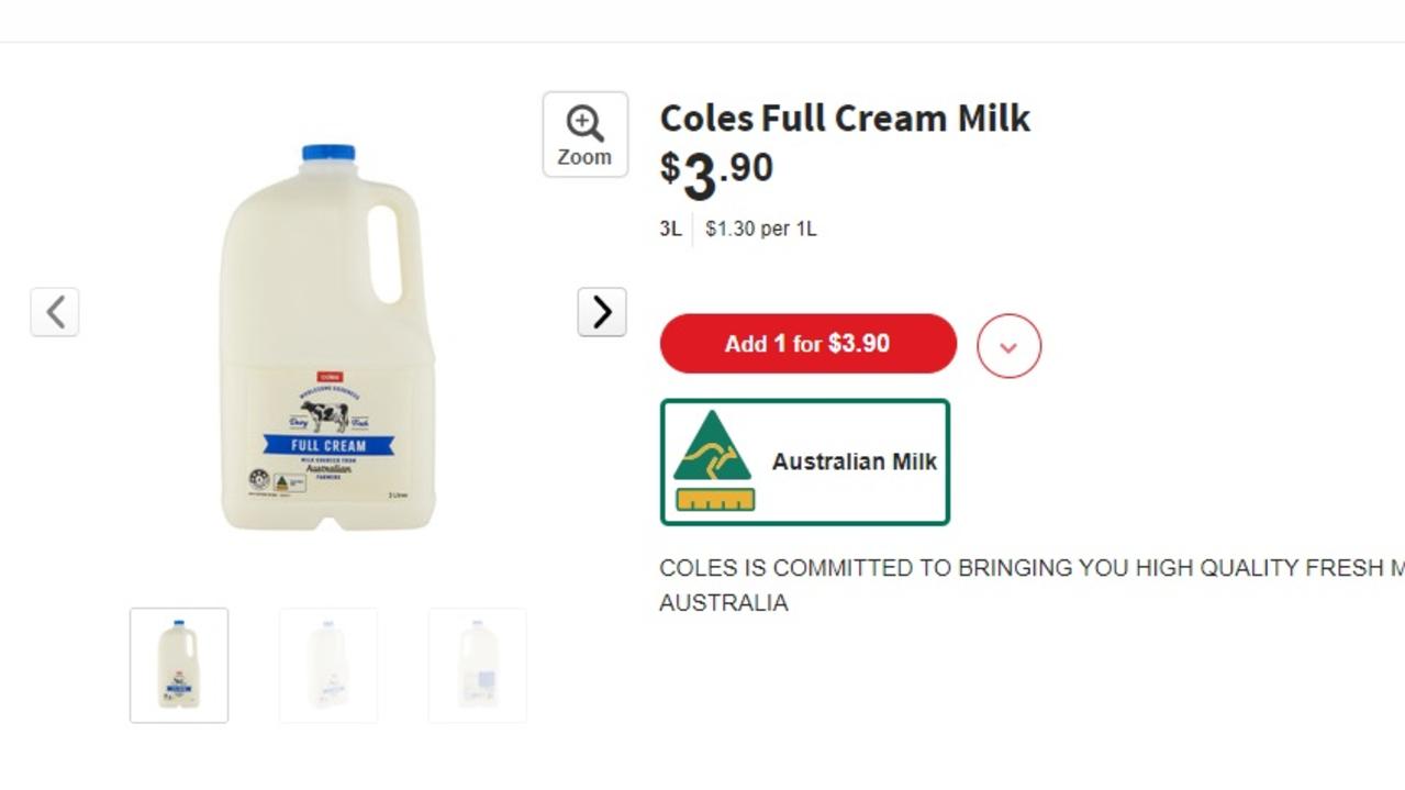 Price of Coles branded milk online Wednesday afternoon.