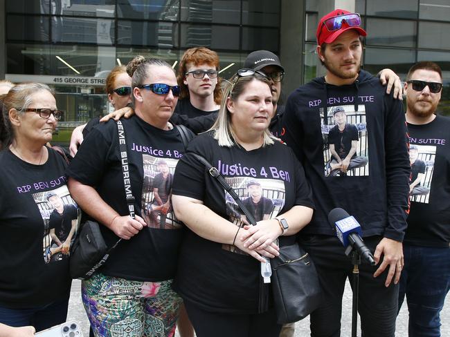 The family of murder victim Ben Suttie leave the Brisbane Supreme Court on Thursday after his killer Harley Wegener was sentenced to life in prison. Picture: NCA NewsWire/Tertius Pickard