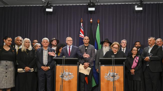 Anthony Albanese holds a press conference with members of the Referendum Working Group in Canberra. Picture: NCA NewsWire / Martin Ollman