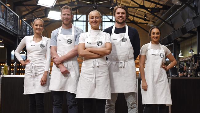 MasterChef's top five Nicole Scott, Tim Bone, Tessa Boersma, Simon Toohey and Larissa Takchi. Picture: Channel 10