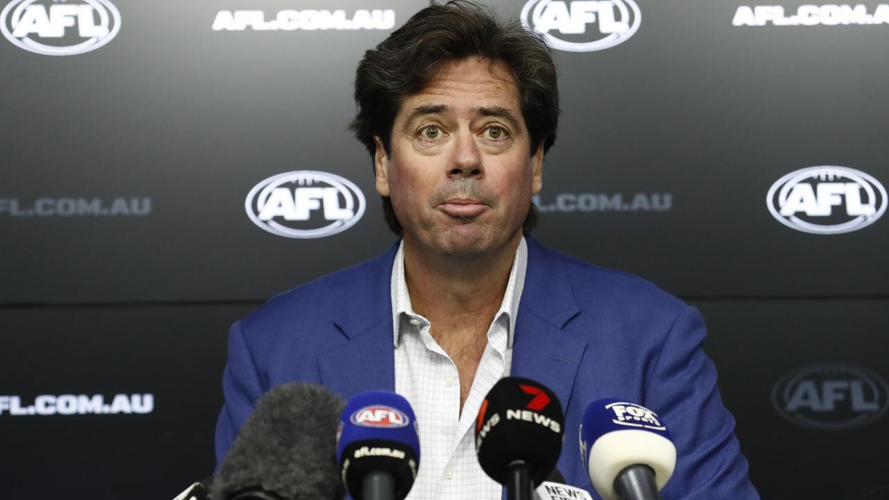 Gillon McLachlan spoke to the media at a late-night press conference on Tuesday. Picture: Getty Images