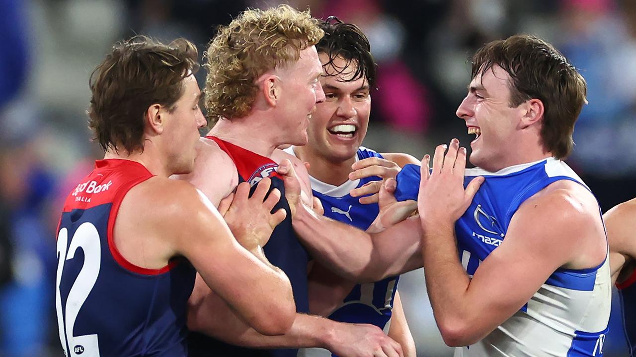 Goodwin says a frustrated Clayton Oliver (centre) ‘must be doing something right’ to be receiving fierce attention from opposition taggers. Picture: Quinn Rooney / Getty Images