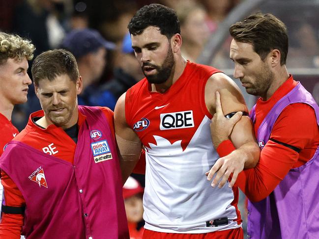 Sydney's Paddy McCartin after a head knock during the AFL Round 4 match between the Sydney Swans and Port Adelaide Power at the SCG on April 8, 2023. Photo by Phil Hillyard(Image Supplied for Editorial Use only - **NO ON SALES** - Â©Phil Hillyard )