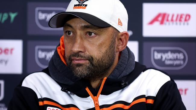 SYDNEY, AUSTRALIA - JUNE 30: Tigers coach Benji Marshall speaks to the media following the round 17 NRL match between Sydney Roosters and Wests Tigers at Allianz Stadium, on June 30, 2024, in Sydney, Australia. (Photo by Brendon Thorne/Getty Images)