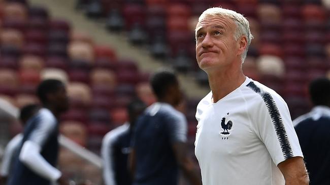 France coach Didier Deschamps takes his team through its paces ahead of tonight’s Group C match against Denmark. Photo: AFP