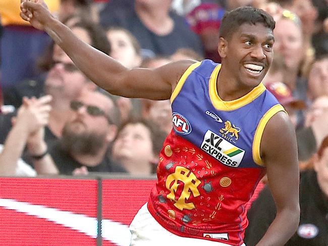 BRISBANE, AUSTRALIA - MAY 29: Keidean Coleman of the Lions celebrates a goal during the round 11 AFL match between the Brisbane Lions and the Greater Western Sydney Giants at The Gabba on May 29, 2021 in Brisbane, Australia. (Photo by Jono Searle/AFL Photos/via Getty Images)