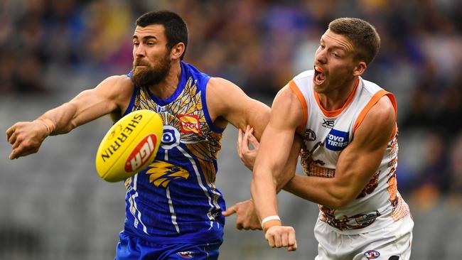 Aidan Corr kept Josh Kennedy to just one goal. Picture: Daniel Carson/AFL Photos