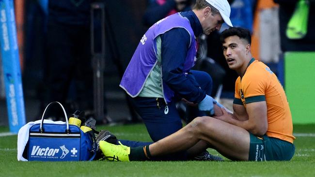 Joseph-Aukuso Suaalii hurt his wrist against Scotland. Picture: Stu Forster/Getty Images