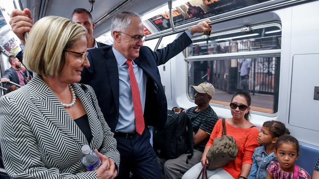 Prime Minister Malcolm Turnbull and his wife Lucy ride the NY subway. Picture: Jake Nowakowski