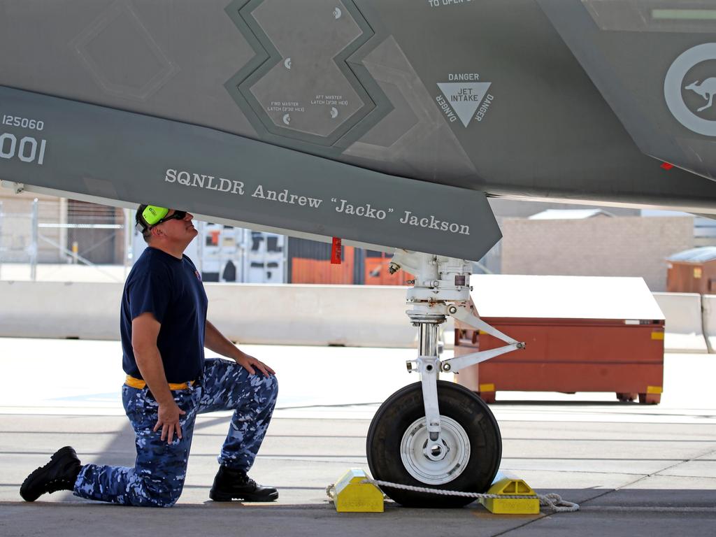 Australian Pilots training in the F35 fighter Jets Luke Airforce Base in Phoenix Arizona. RAAF WOFF Guy Erba leads the RAAF maintenance crew . Picture: Nathan Edwards