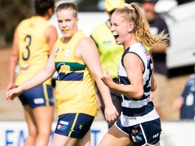 South Adelaide's Teah Charlton celebrates during the Panthers' clash with Woodville-West Torrens. Picture: Nick Hook