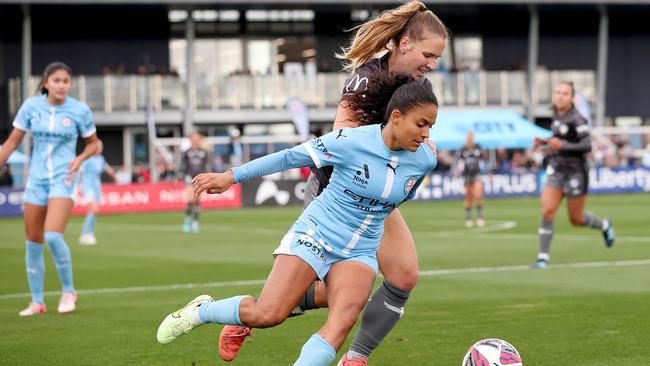 MELBOURNE, AUSTRALIA - DECEMBER 28: Lourdes de la Caridad Bosch of Melbourne City competes for the ball during the round eight A-League Women's match between Melbourne City and Wellington Phoenix at City Football Academy, on December 28, 2024, in Melbourne, Australia. (Photo by Kelly Defina/Getty Images)