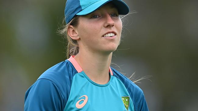 BRISBANE, AUSTRALIA - OCTOBER 07: Darcie Brown of Australia is seen during an Australia Women's ODI squad training session at Allan Border Field on October 07, 2023 in Brisbane, Australia. (Photo by Albert Perez/Getty Images)