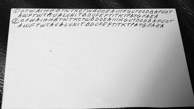 The back of the index card, which puzzle geeks deciphered as the first letter of every word of the Lord's Prayer. Picture: Janna Holm