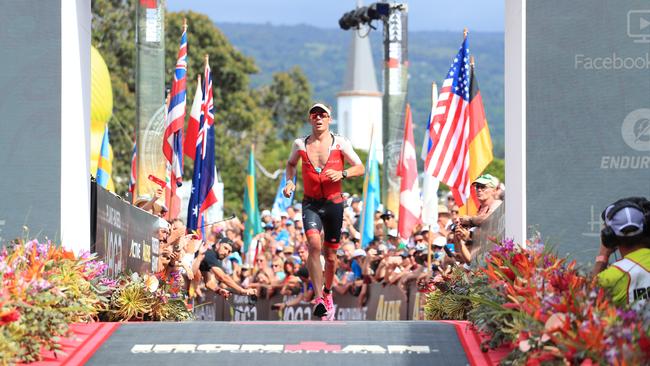 Cameron Wurf of Tasmania celebrates after finishing the Ironman World Championships in Hawaii. Picture: TOM PENNINGTON/GETTY IMAGES
