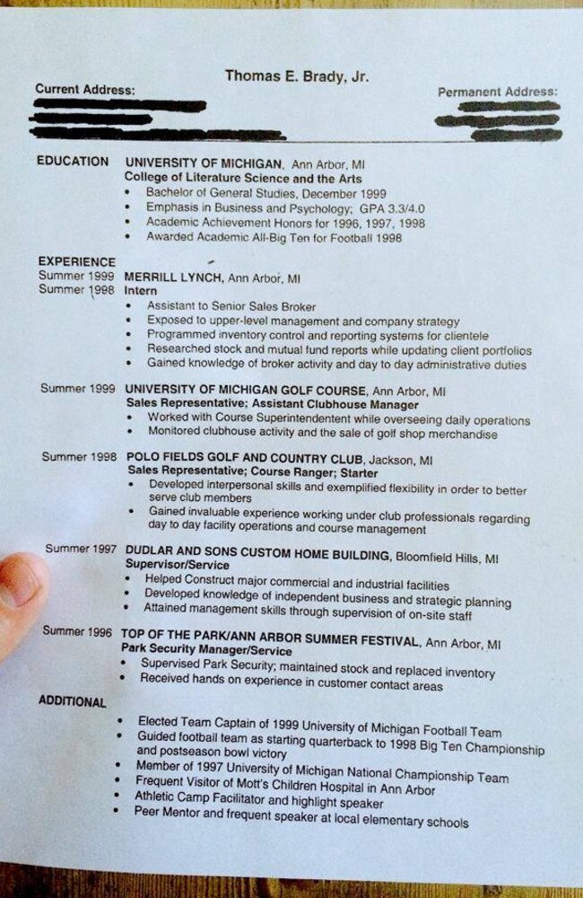 New England Patriots star Tom Brady shares his old resume