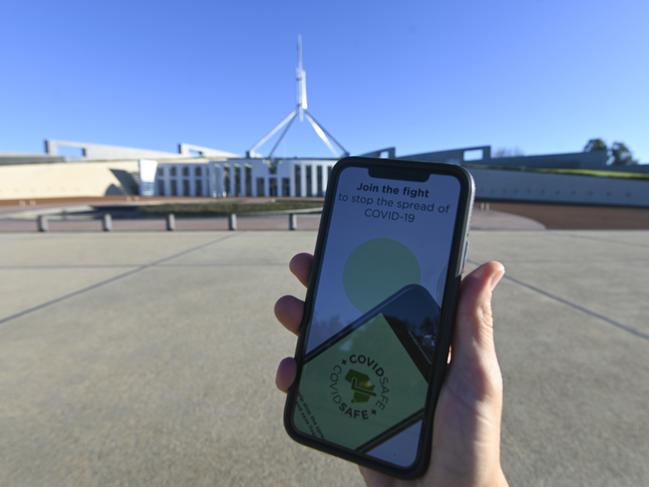 An iPhone displays the COVIDSafe app released by the Australian government in May. Picture: AAP