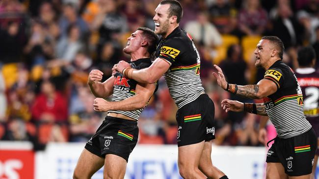 Nathan Cleary celebrates his matchwinning try to put the margin beyond reach. Picture: NRL Photos