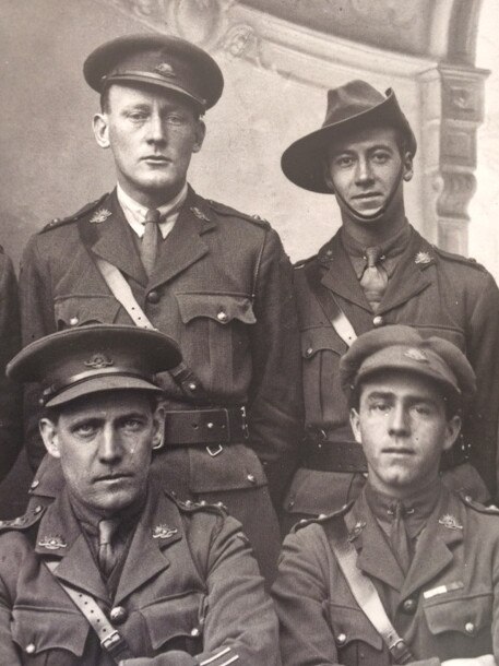 “This photo is not only unique for the three officers that can be identified, but because it was taken in the studios of local photographers Louis and Antoinette Thuillier in the sleepy village of Vignacourt, only a short day’s march to the hell of the trenches at Pozieres on the Western Front. The three identified officers are Captain John Doyle, seated left, Lieutenant Joe Maxwell VC, seated right, and Lieutenant Ted Greenwood, standing left. The photo was likely taken in 1918. All three were Gallipoli and Western Front veterans and, more amazingly, survivors. Their stories are told in the magnificent book The Lost Diggers by the Seven Network’s Ross Coulthart. Coulthart discovered hundreds of glass plate images of WW1 Anzac and allied veterans stored in an attic of an ancient French farmhouse in Vignacourt. It is a truly fascinating and compelling story. My grandfather is Ted Greenwood. Ted, sadly, died in Concord Repatriation Hospital in 1951, one year before I was born. Then Private Greenwood was wounded at Gallipoli (shot in the backside) and in a letter home credits this painful misfortune with saving his life. He was transported off the beach to an hospital ship offshore and later taken to Egypt to recuperate. Captain Doyle and Lieutenant Maxwell were also Gallipoli veterans. John Doyle was severely wounded at Pozieres, but survived the war. Joe Maxwell is acknowledged as one of the great heroes of the Western Front. His list of decorations, including the VC, Distinguished Conduct Medal, Military Cross and Bar speak for themselves. His exploits are legend. Ted and Joe shared a tent throughout most of their time on the Front and attended officer training in England together. Thank you for the opportunity to express how proud I am to be Ted’s grandson. His son Keith, my dad, was a WWII veteran in New Guinea. Lest We Forget.” Picture: Supplied by Geoffrey Greenwood