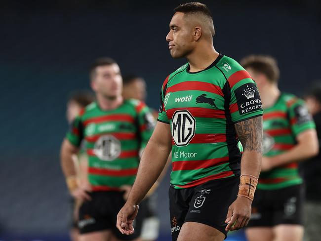 SYDNEY, AUSTRALIA – JULY 08: Tevita Tatola of the Rabbitohs looks dejected after losing the round 19 NRL match between South Sydney Rabbitohs and Canterbury Bulldogs at Accor Stadium on July 08, 2023 in Sydney, Australia. (Photo by Cameron Spencer/Getty Images)