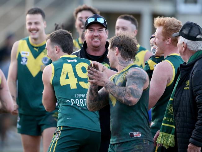Coach on the day Tim Connolly celebrated by the players after the siren. Picture: Mike Dugdale