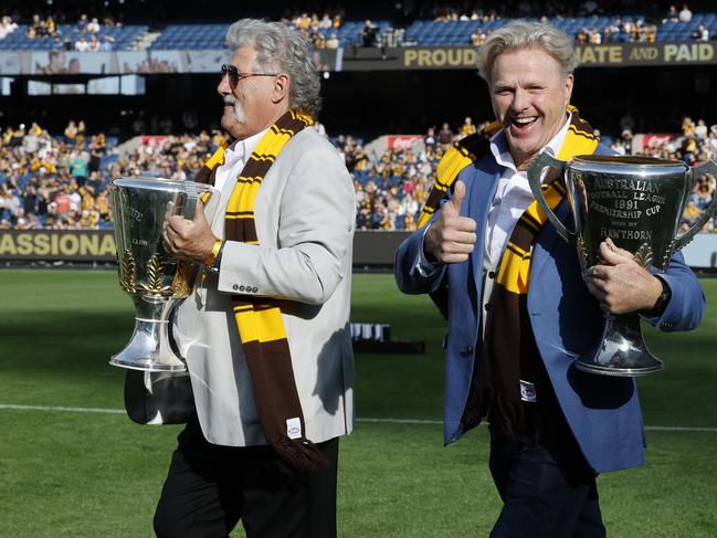 NCA. MELBOURNE, AUSTRALIA. May 4th, 2025. AFL. Round 8. Hawthorn vs. Richmond at the MCG. Dermott Brereton and Robert DiPierdomenico. Picture: Michael Klein