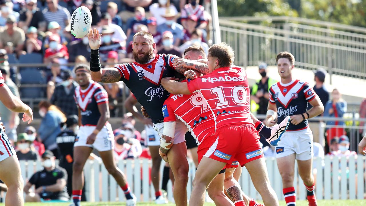 Roosters forward Jared Waerea-Hargreaves offloads a pass. Picture: Getty Images