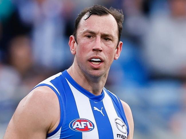 HOBART, AUSTRALIA - AUGUST 6: Todd Goldstein of the Kangaroos celebrates a goal during the 2023 AFL Round 21 match between the North Melbourne Kangaroos and the Melbourne Demons at Blundstone Arena on August 6, 2023 in Hobart, Australia. (Photo by Dylan Burns/AFL Photos via Getty Images)