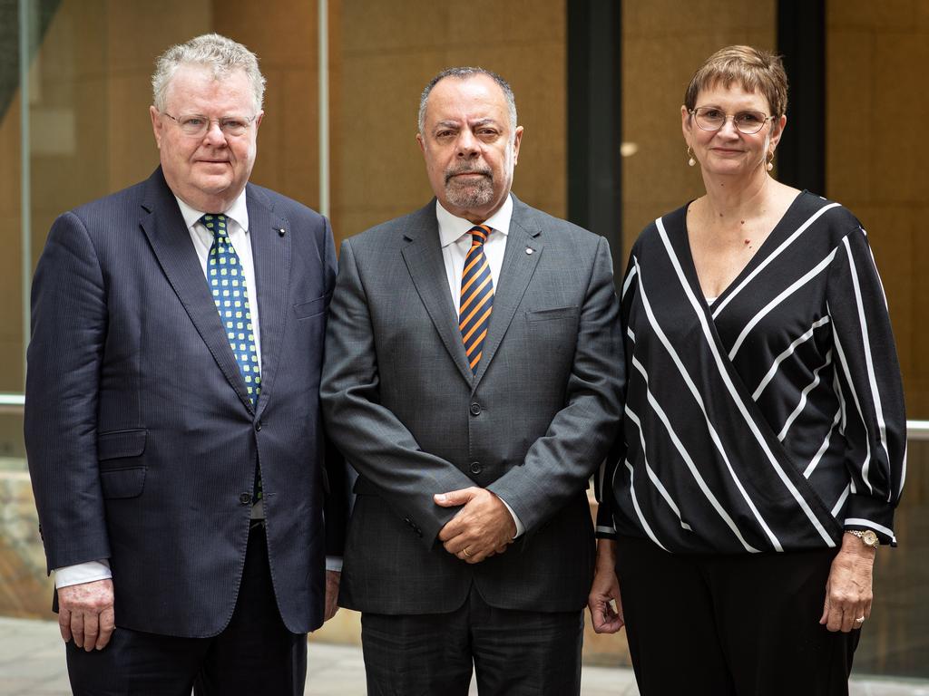 Royal Commission Chair Nick Kaldas with commissioners James Douglas and Peggy Brown. Picture: Julian Andrews